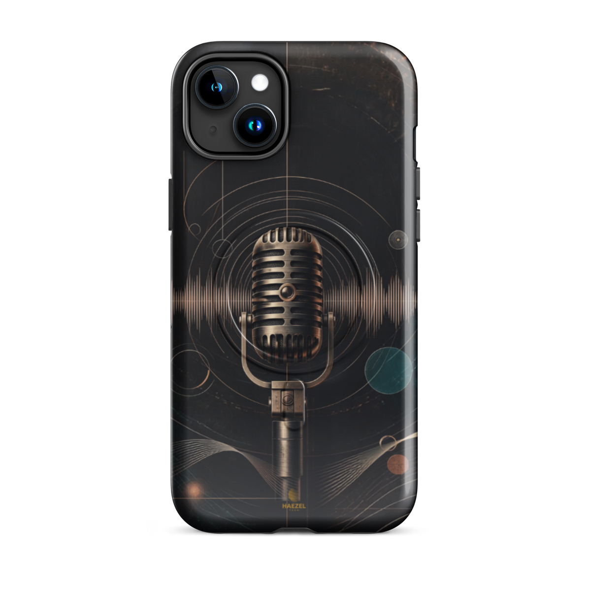 The Broadcast iPhone Case, bronze vintage microphone ringed by soundwaves. Haezel Tech Rhythm Series, view 6