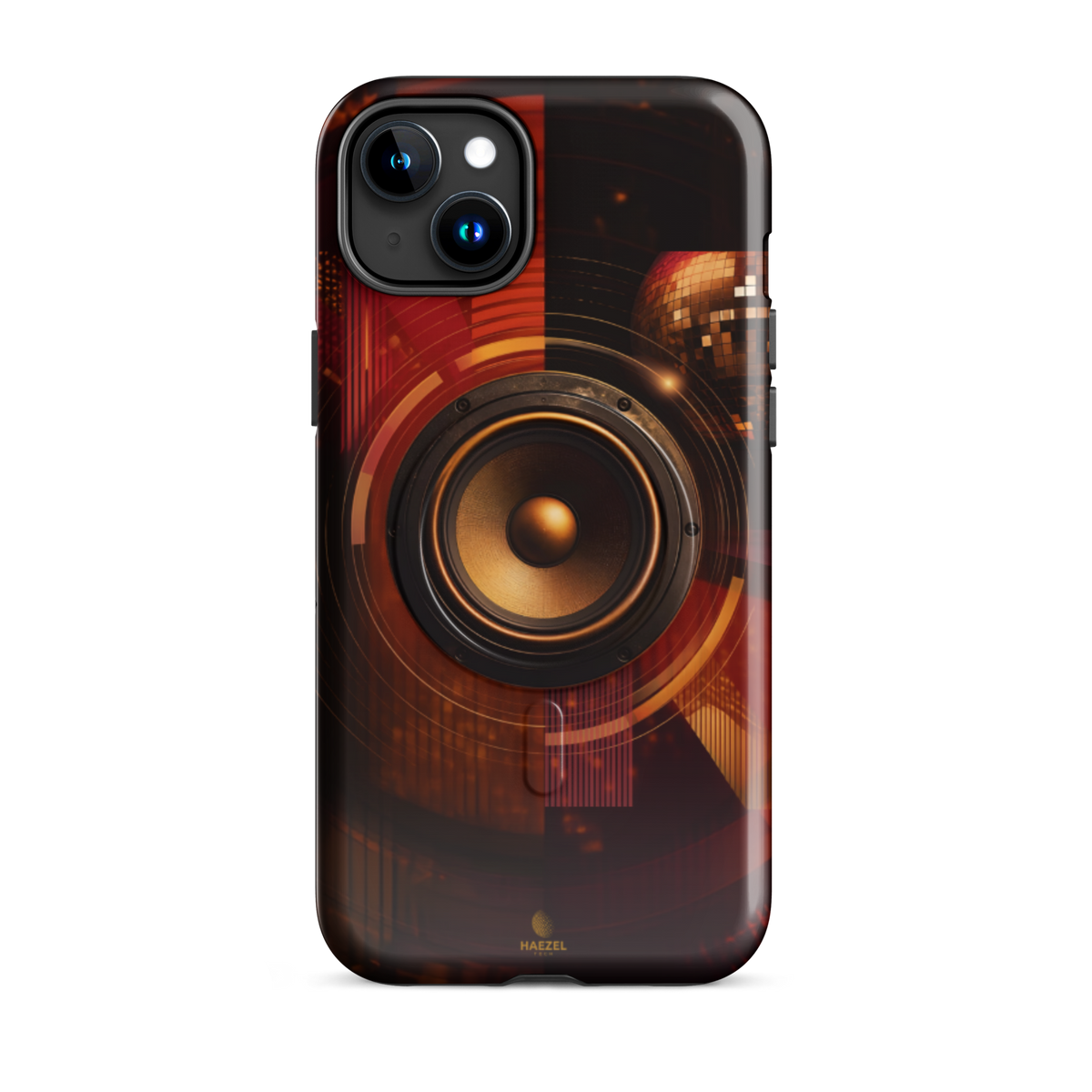 The Bassline iPhone Case, gold speaker cone split across red and black. Haezel Tech Rhythm Series, view 6