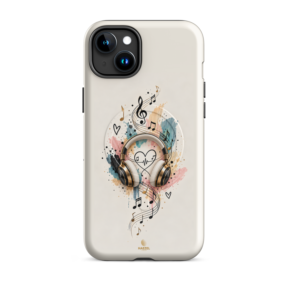 The Serenade Ivory iPhone Case, gold headphones and heartbeat in watercolour on ivory. Haezel Tech Rhythm Series, view 6