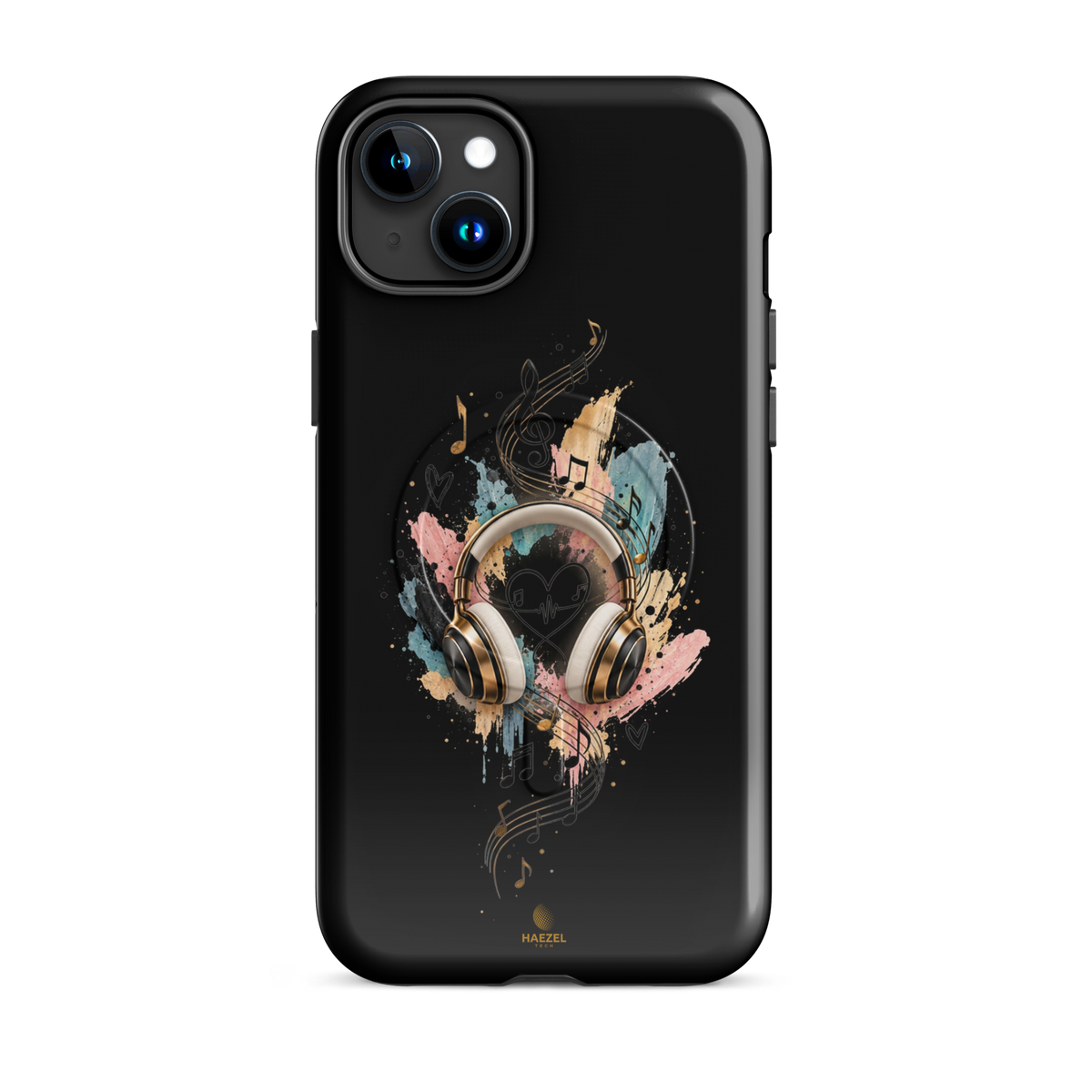 The Serenade Onyx iPhone Case, gold headphones and heartbeat in watercolour on black. Haezel Tech Rhythm Series, view 6
