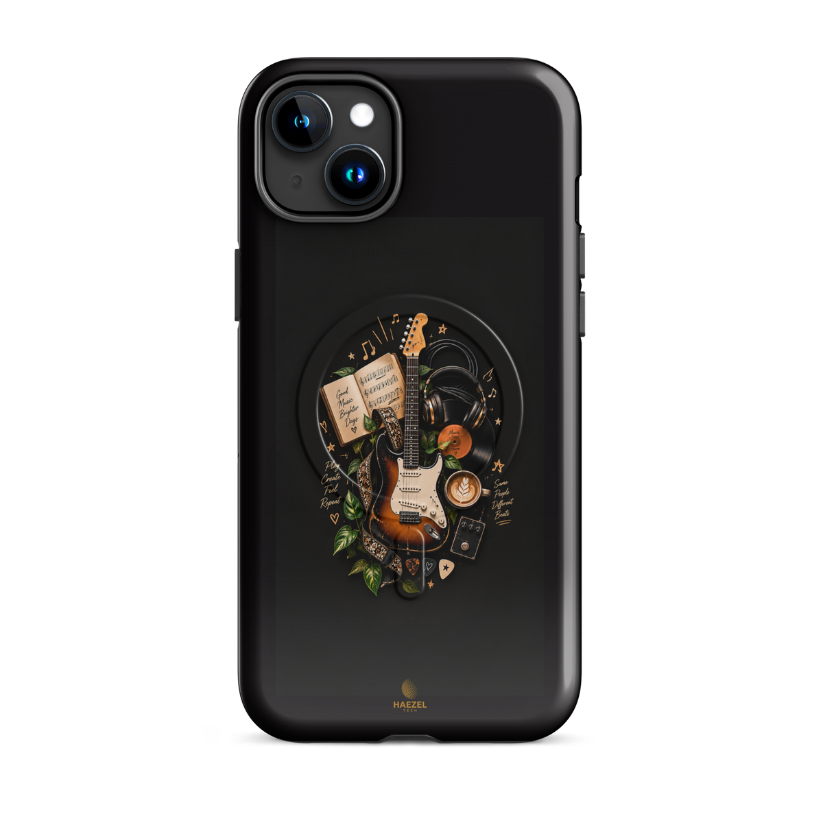 The Songbook iPhone Case, sunburst guitar and open songbook on black. Haezel Tech Rhythm Series, view 6