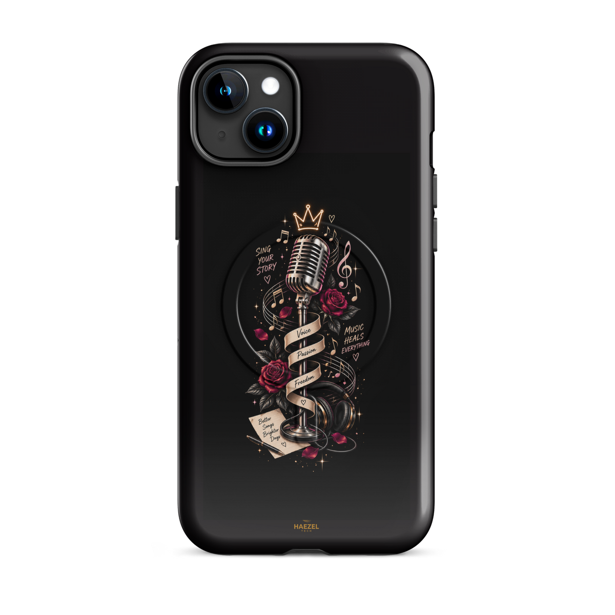 The Showstopper iPhone Case, crowned vintage microphone and red roses on black. Haezel Tech Rhythm Series, view 6