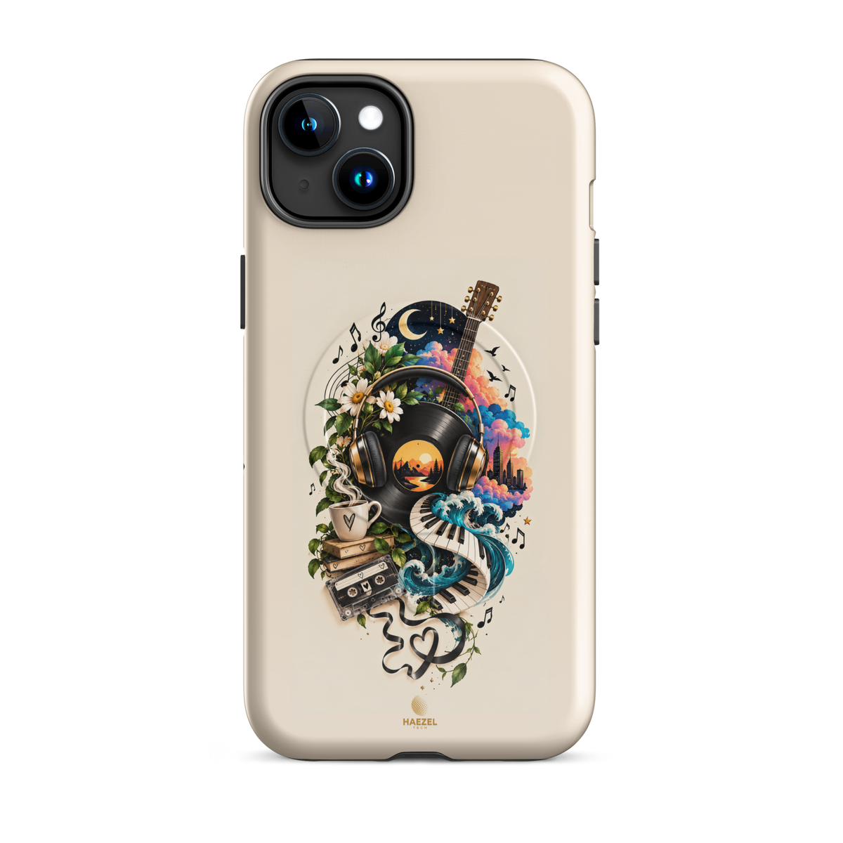 The Playlist iPhone Case, vinyl, headphones, guitar and cassette collage on ivory. Haezel Tech Rhythm Series, view 6