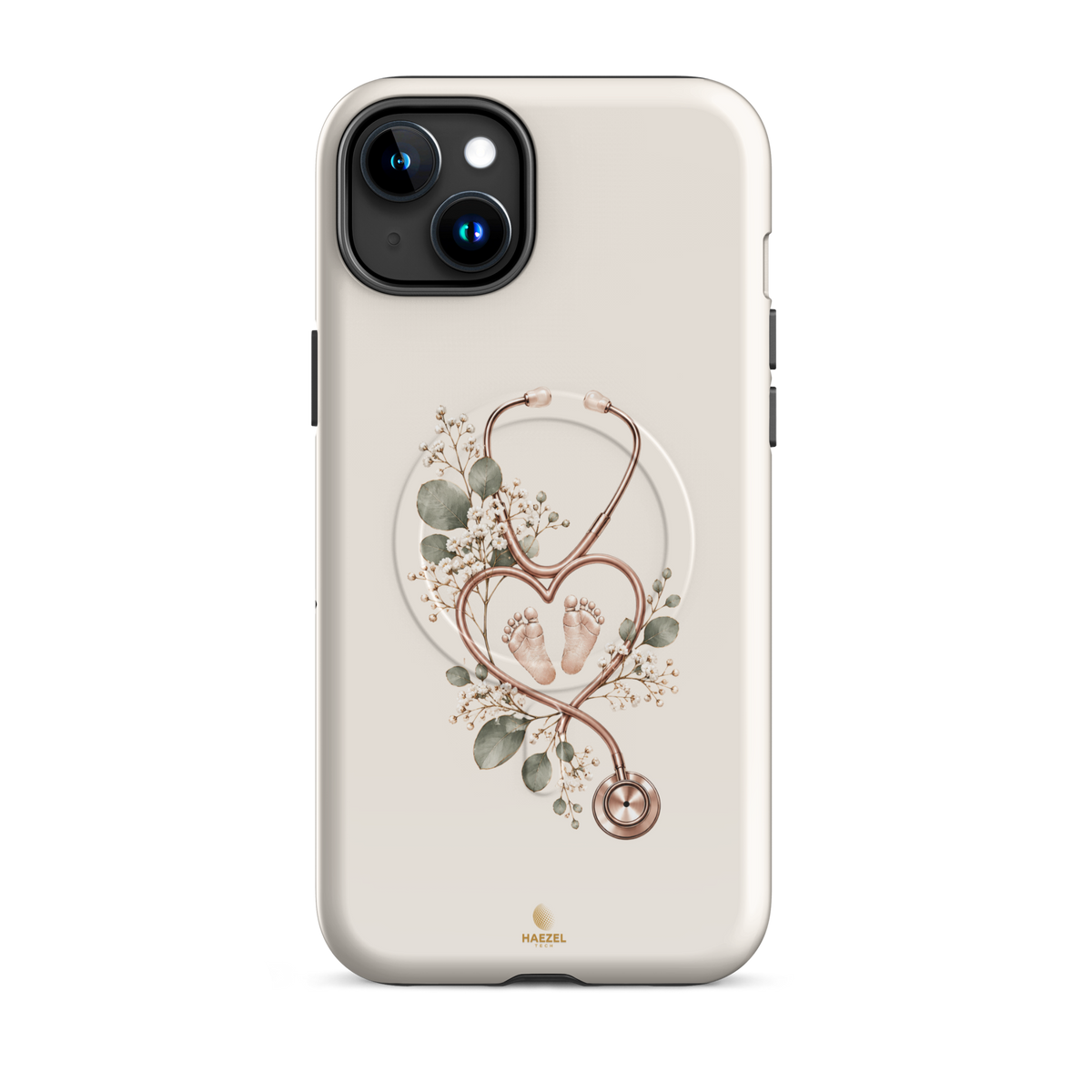 The Midwife Ivory iPhone Case, stethoscope heart with tiny baby feet on ivory. Haezel Tech Healer Series, view 6