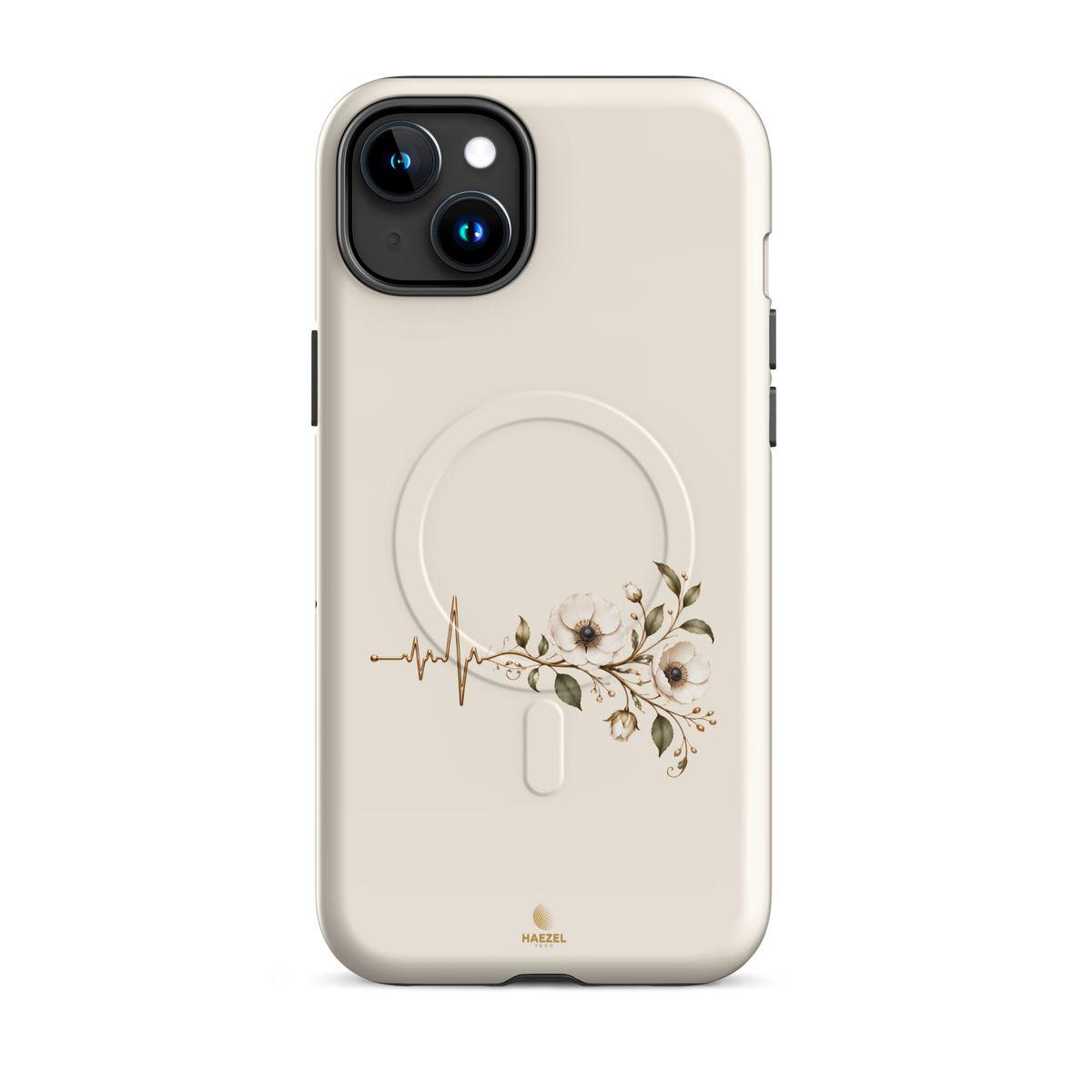 The Heartbeat iPhone Case, gold heartbeat line flowing into flowers on ivory. Haezel Tech Healer Series, view 6
