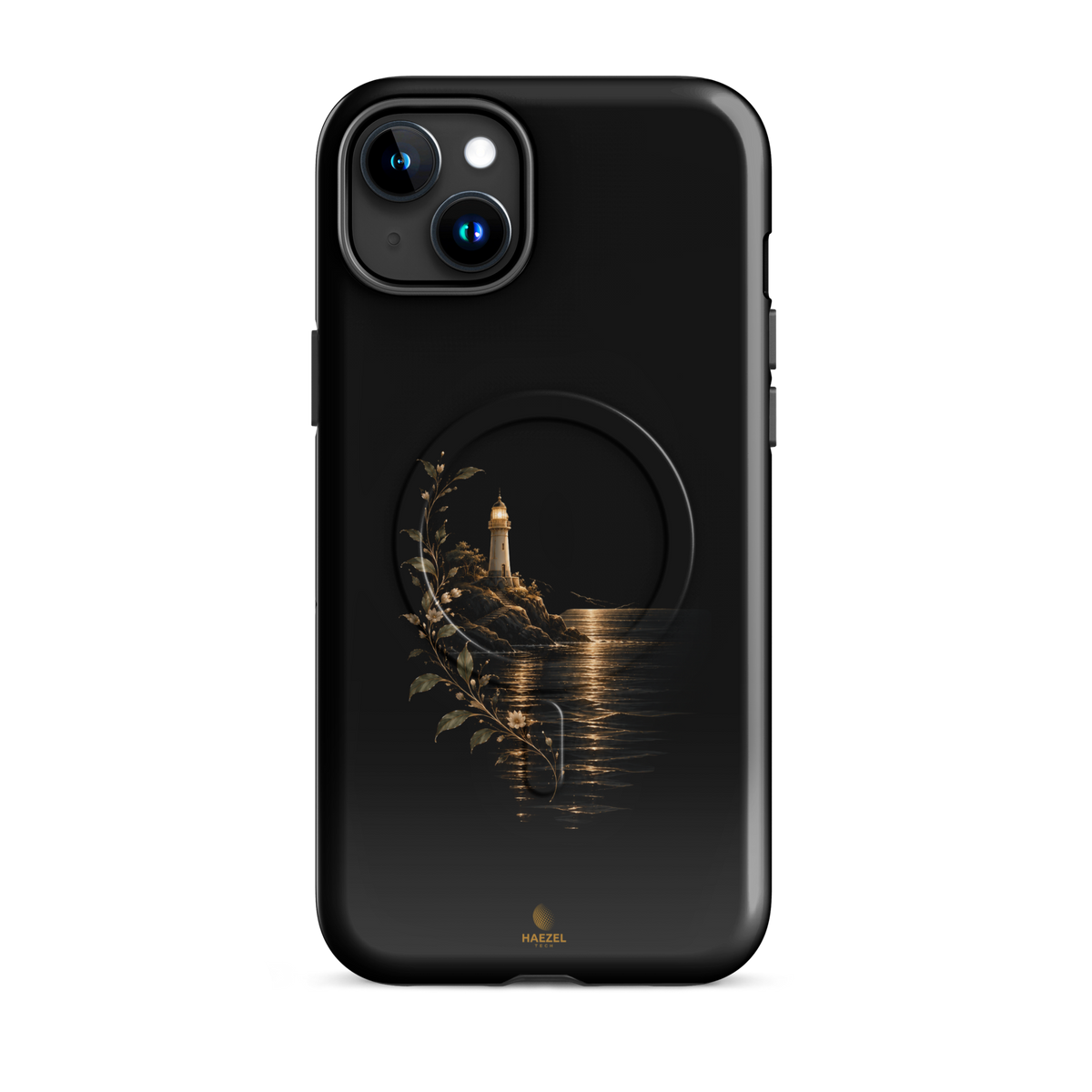 The Lighthouse iPhone Case, lighthouse glowing over still water with gold flowers on black. Haezel Tech Healer Series, view 6
