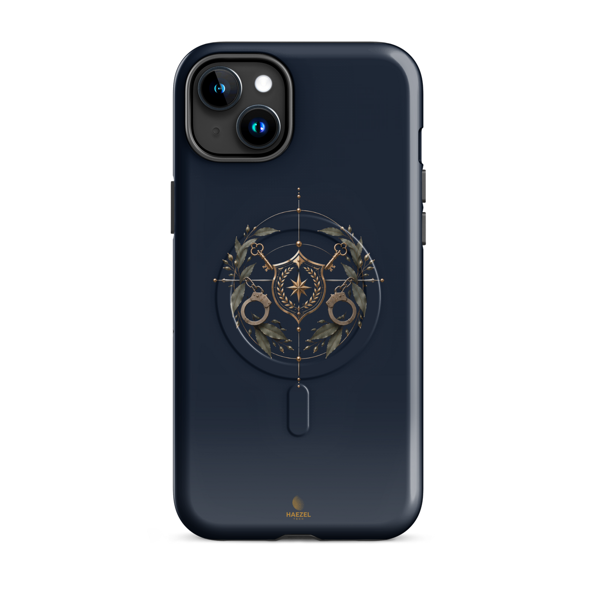 The Watch iPhone Case, gold shield with crossed keys and laurel wreath on navy. Haezel Tech Guardian Series, view 6