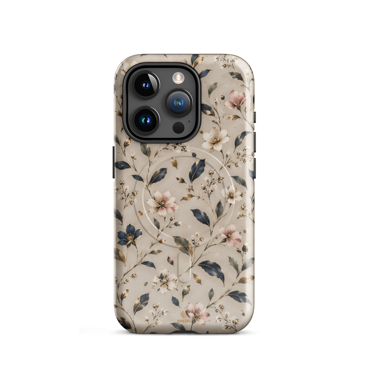The Blossom iPhone Case by Haezel Tech — delicate pink and white blossom on ivory with navy leaves