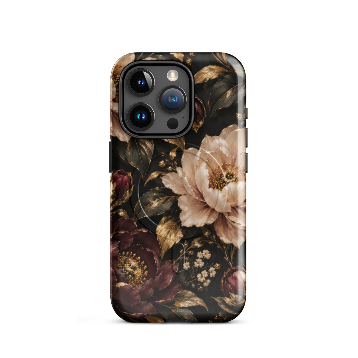 The Peony iPhone Case by Haezel Tech — blush and burgundy peonies with gold foliage on black
