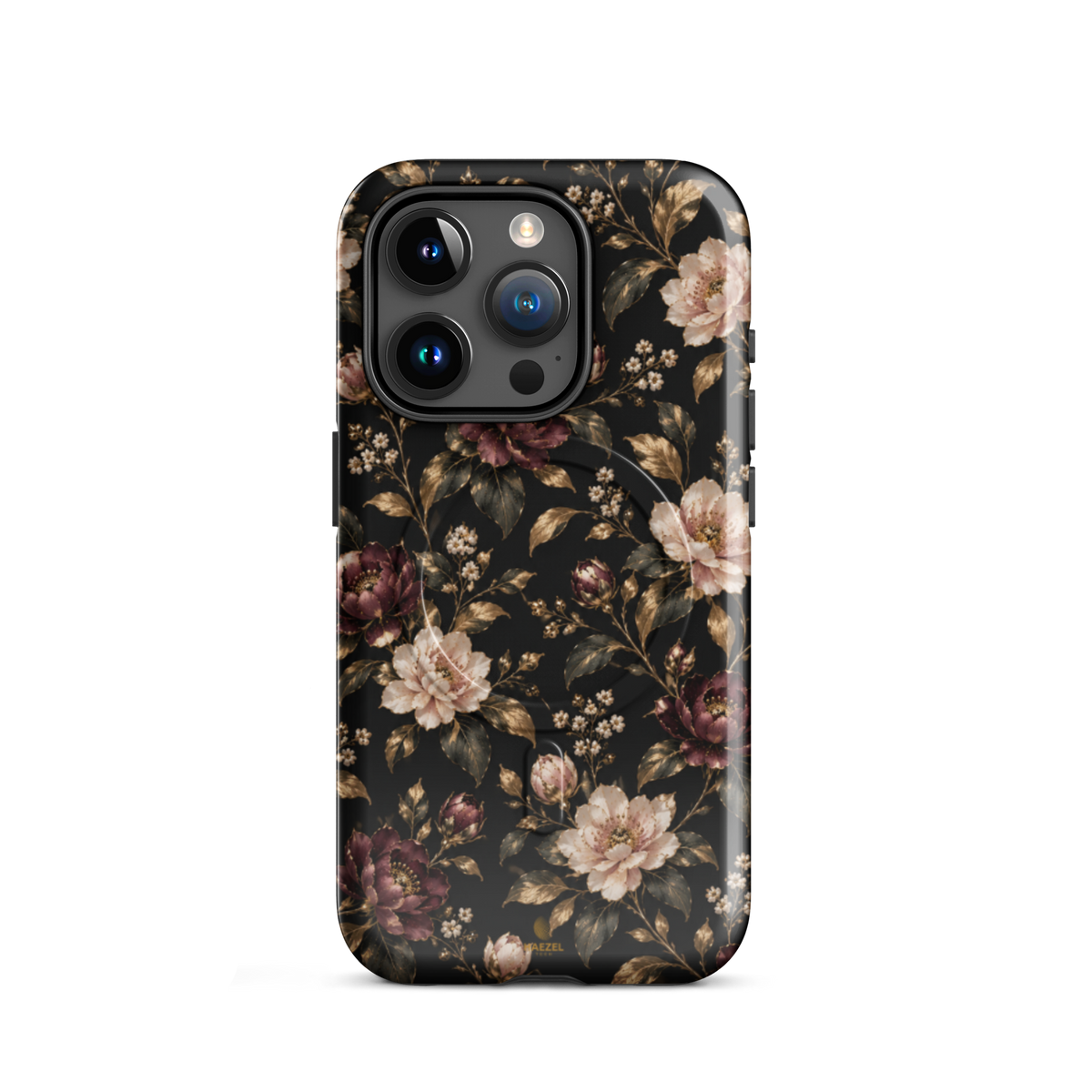 The Rosewood iPhone Case by Haezel Tech — dusky rose and burgundy florals with gold leaves on black