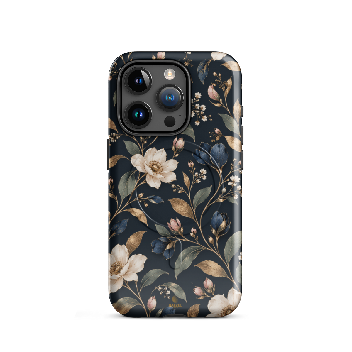 The Camellia iPhone Case by Haezel Tech — ivory camellias and gold leaves on deep navy