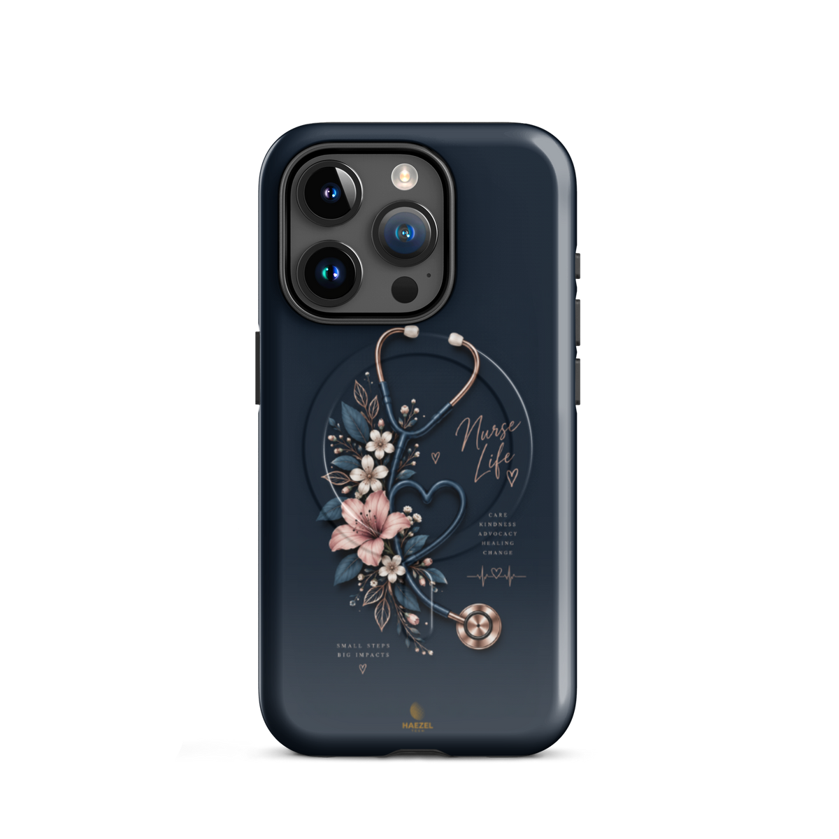 The Pledge iPhone case - rose-gold stethoscope, lilies and heartbeat on navy. Haezel Tech Healer Series.