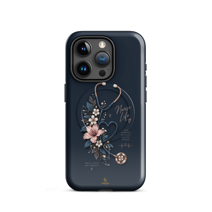 The Pledge iPhone Case, rose-gold stethoscope and lilies on navy. Haezel Tech Healer Series, view 7