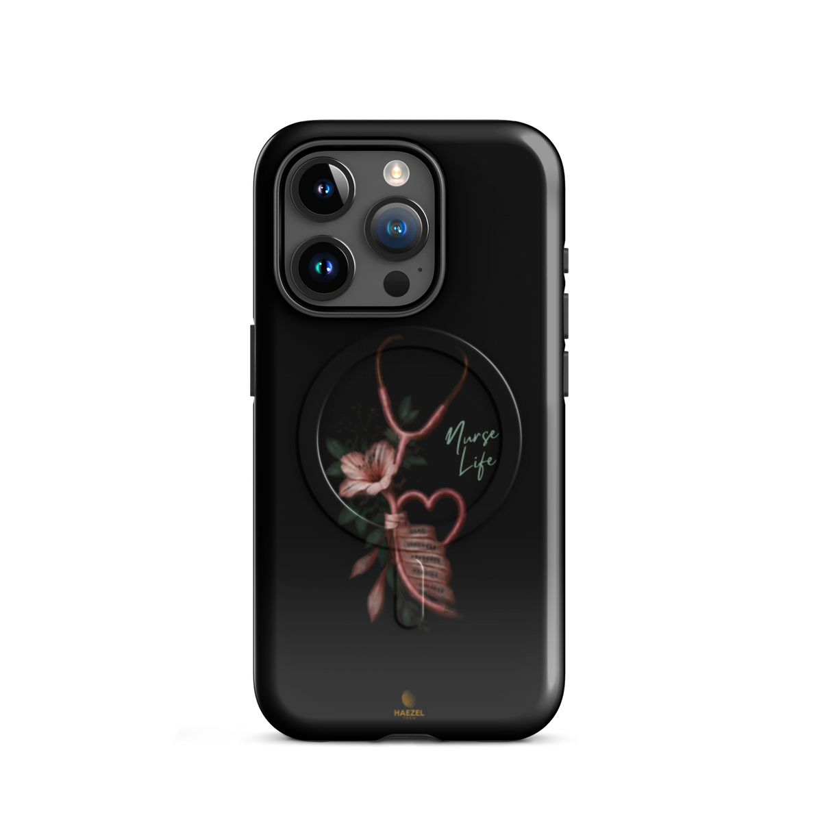 The Devotion Onyx iPhone case - rose stethoscope heart and lilies on black. Haezel Tech Healer Series.