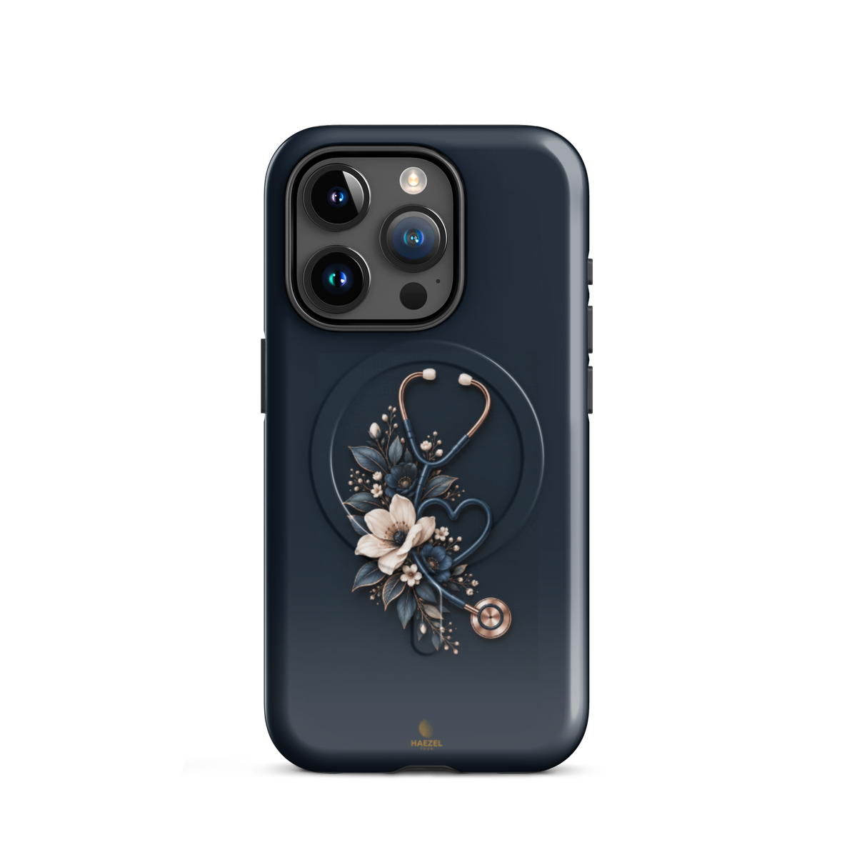 The Grace iPhone case - cream anemones and rose-gold stethoscope on navy. Haezel Tech Healer Series.