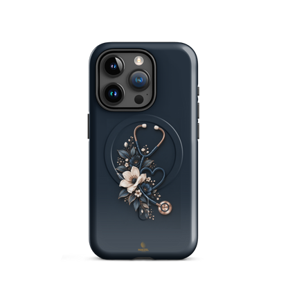 The Grace iPhone Case, anemones and rose-gold stethoscope on navy. Haezel Tech Healer Series, view 7