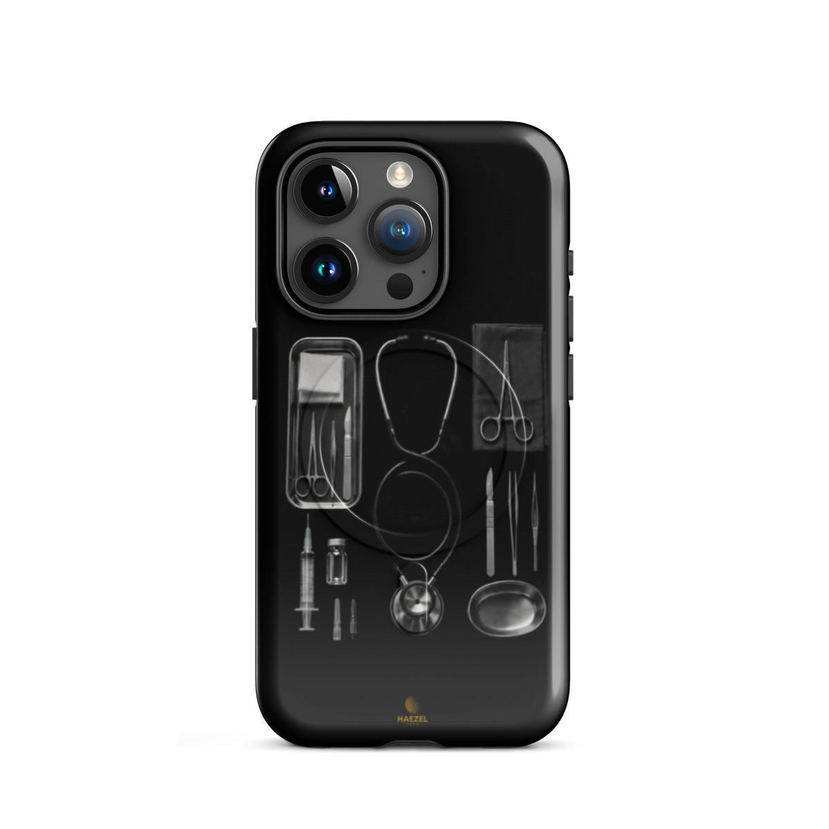 The Theatre iPhone case - silver surgical instrument tray on black. Haezel Tech Healer Series.