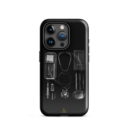 The Theatre iPhone Case, silver surgical instrument tray on black. Haezel Tech Healer Series, view 7
