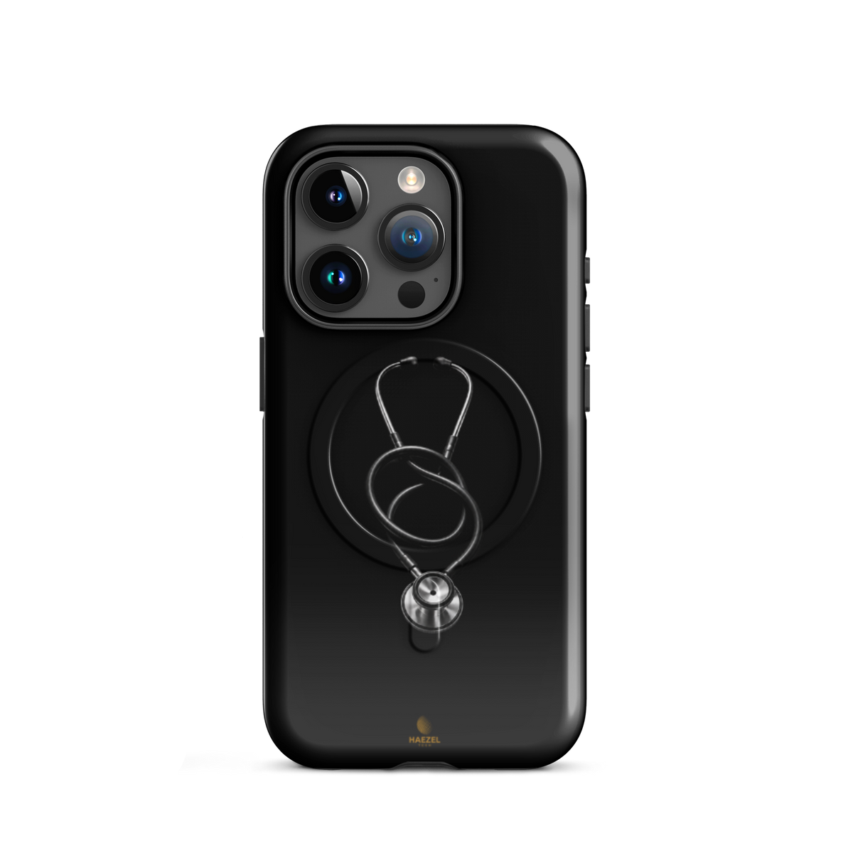 The Oath iPhone case - single silver stethoscope on black. Haezel Tech Healer Series.