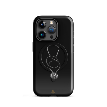 The Oath iPhone Case, single silver stethoscope on black. Haezel Tech Healer Series, view 7