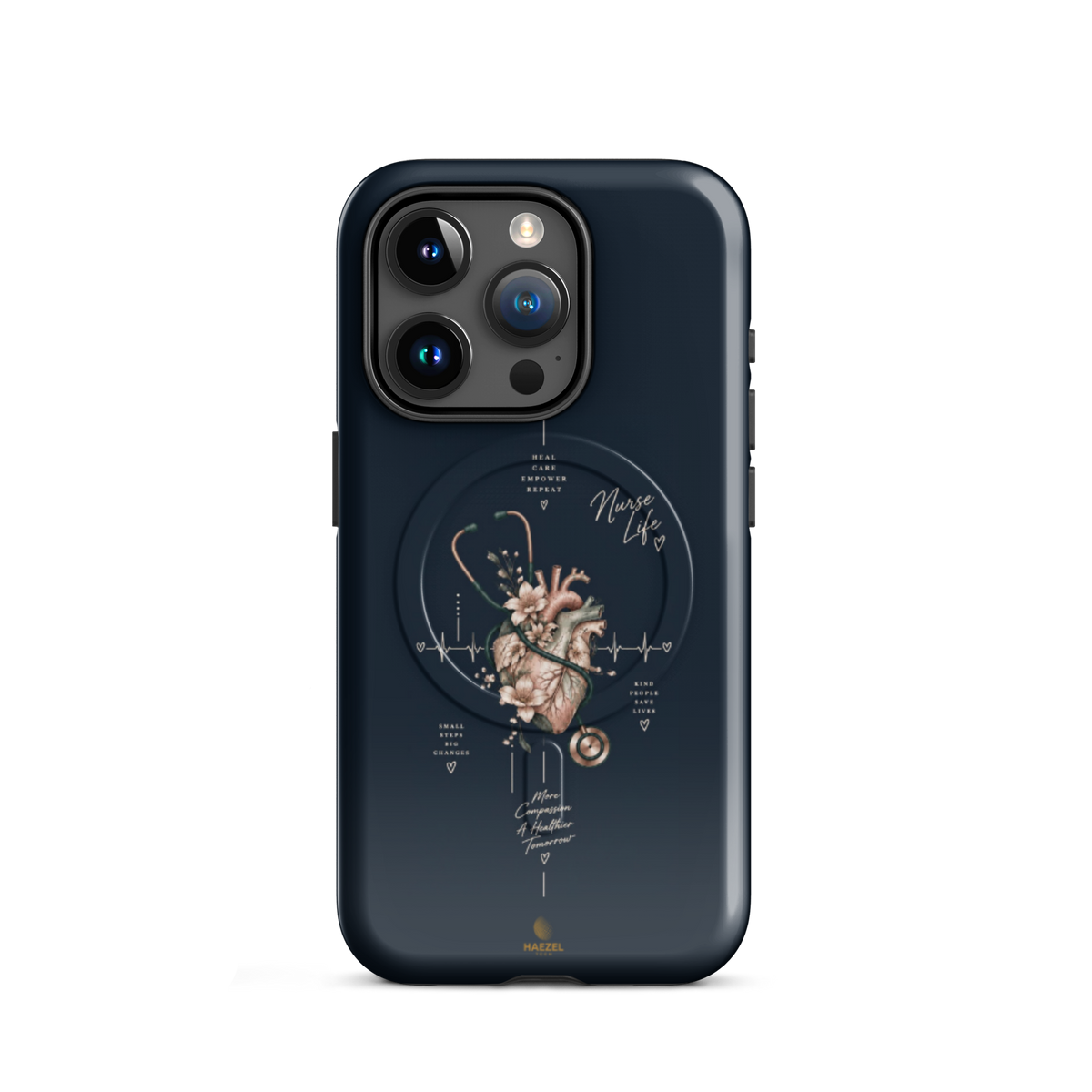 The Pulse iPhone case - anatomical heart in bloom with ECG line on navy. Haezel Tech Healer Series.