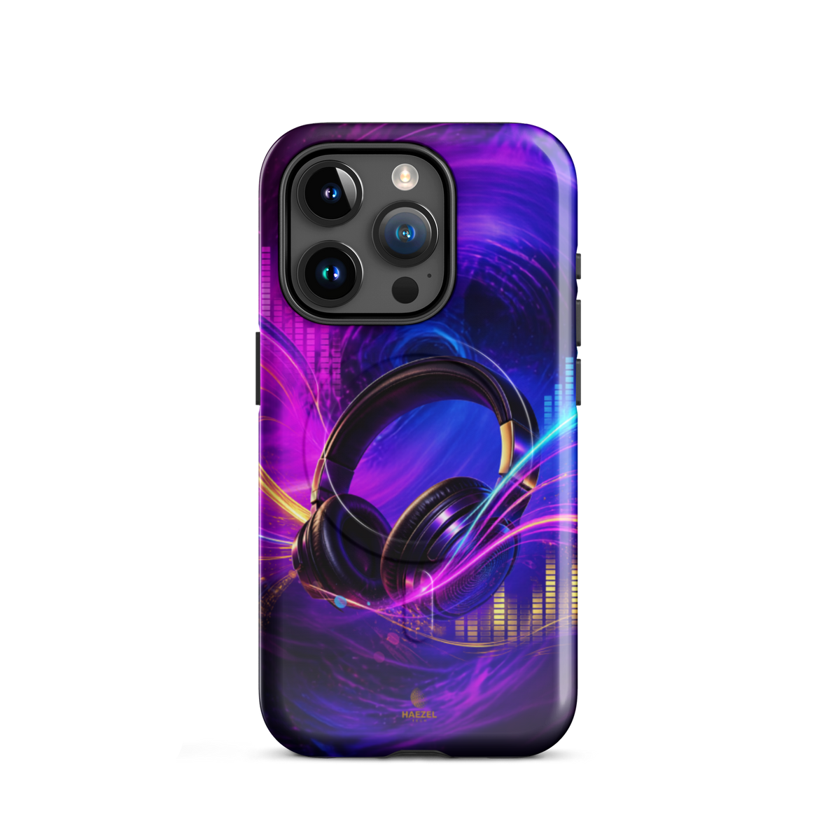 The Frequency iPhone Case, studio headphones on a neon equaliser swirl. Haezel Tech Rhythm Series, view 7