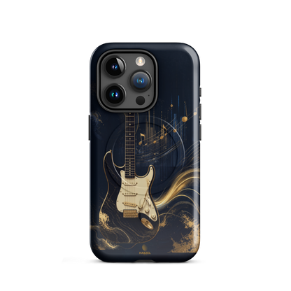 The Headliner iPhone Case, cream and gold electric guitar on navy. Haezel Tech Rhythm Series, view 7