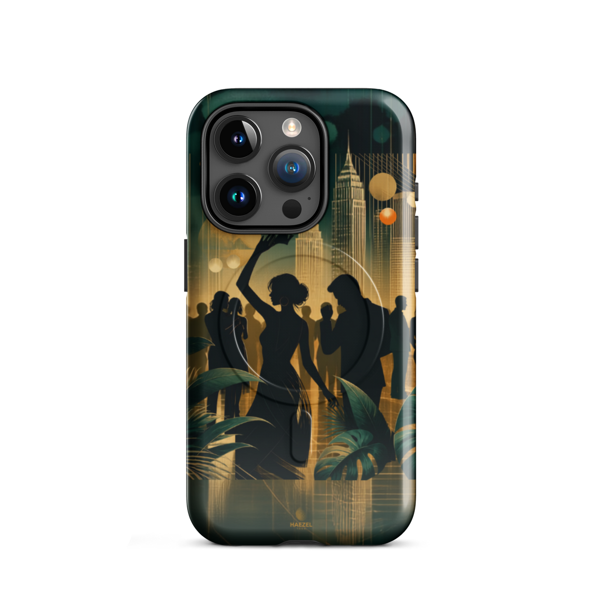 The Speakeasy iPhone Case, gold art deco dancers, city skyline and palm leaves. Haezel Tech Rhythm Series, view 7