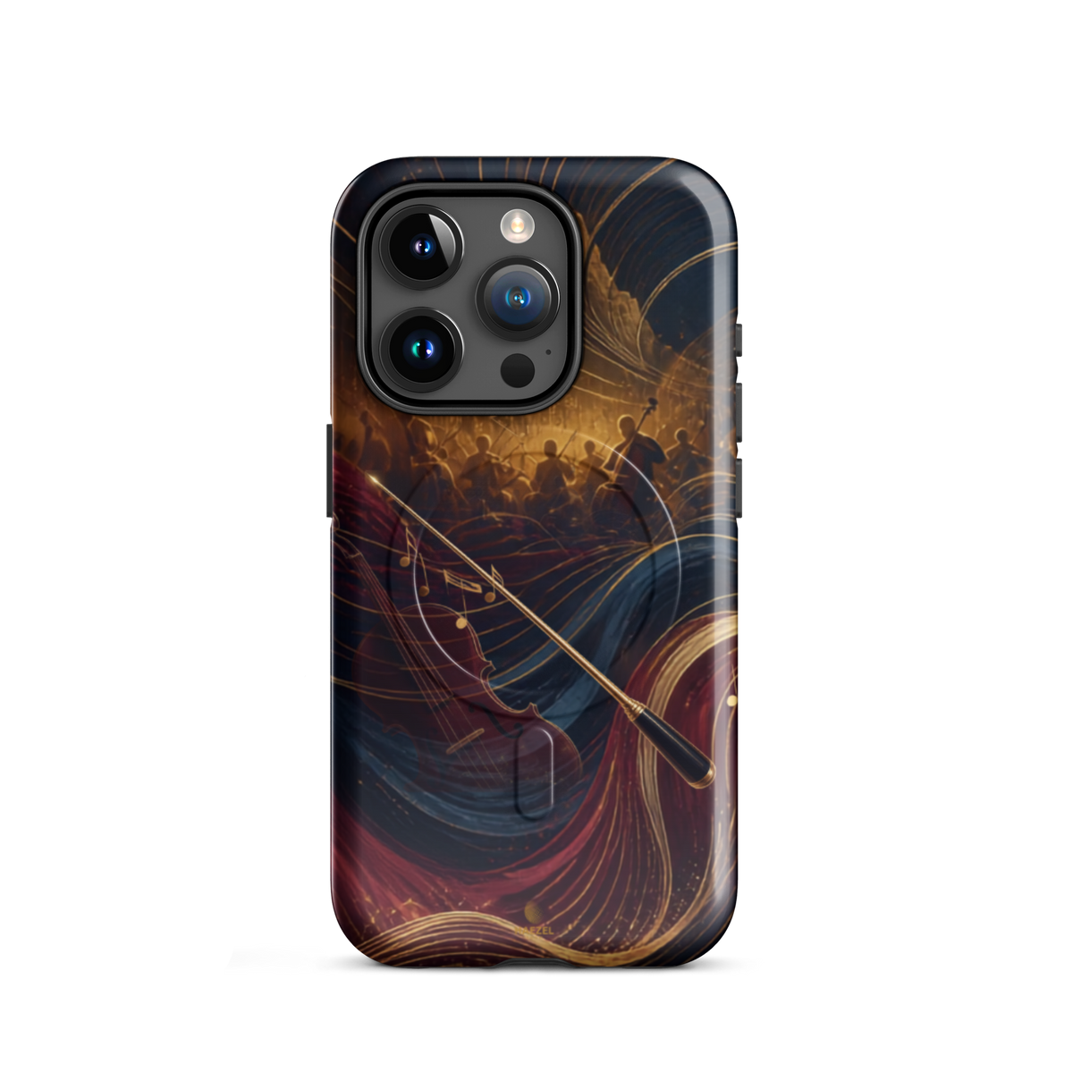The Virtuoso iPhone Case, gold-line violin and bow over orchestra silhouettes. Haezel Tech Rhythm Series, view 7
