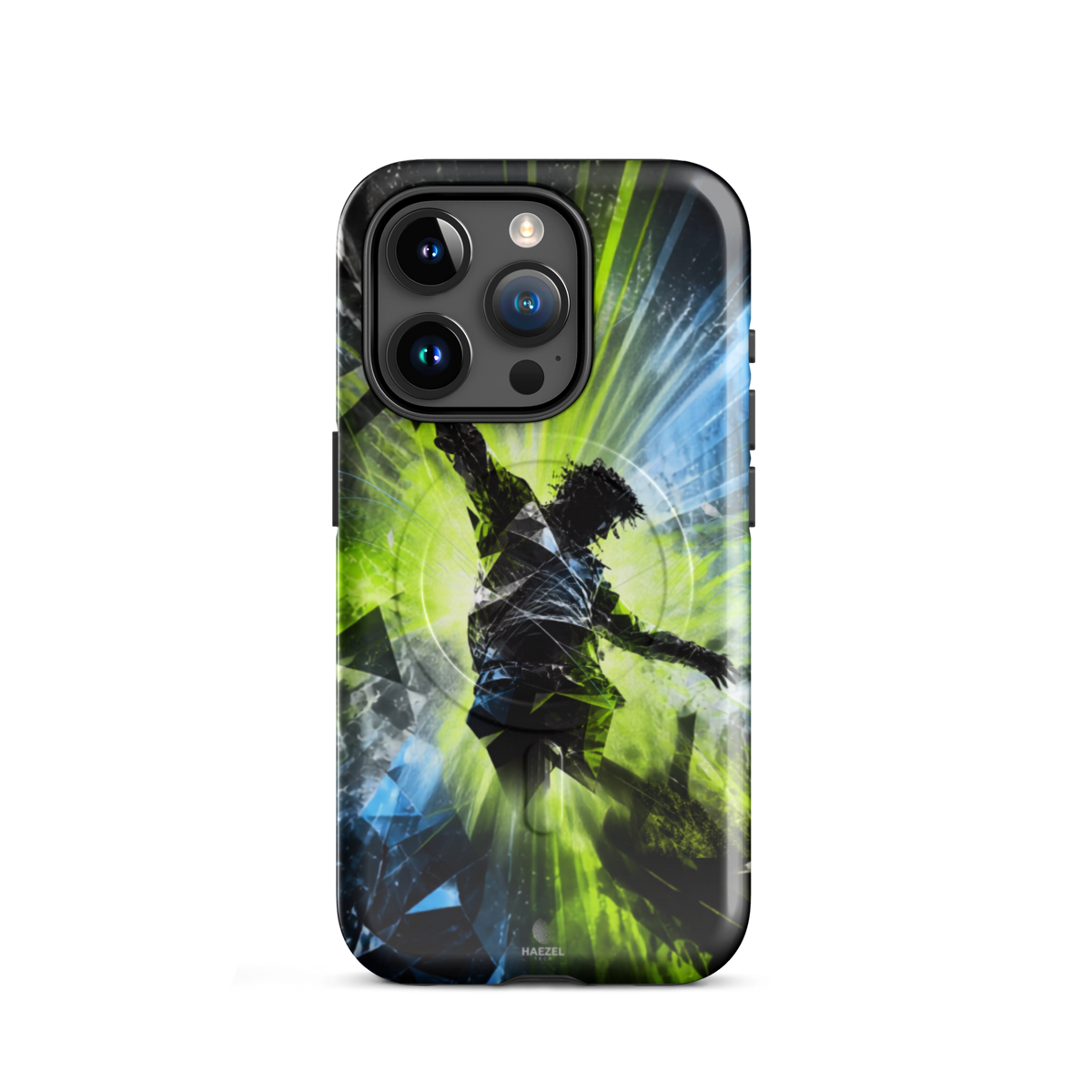 The Kinetic iPhone Case, lime dancer silhouette breaking into geometric shards. Haezel Tech Rhythm Series, view 7