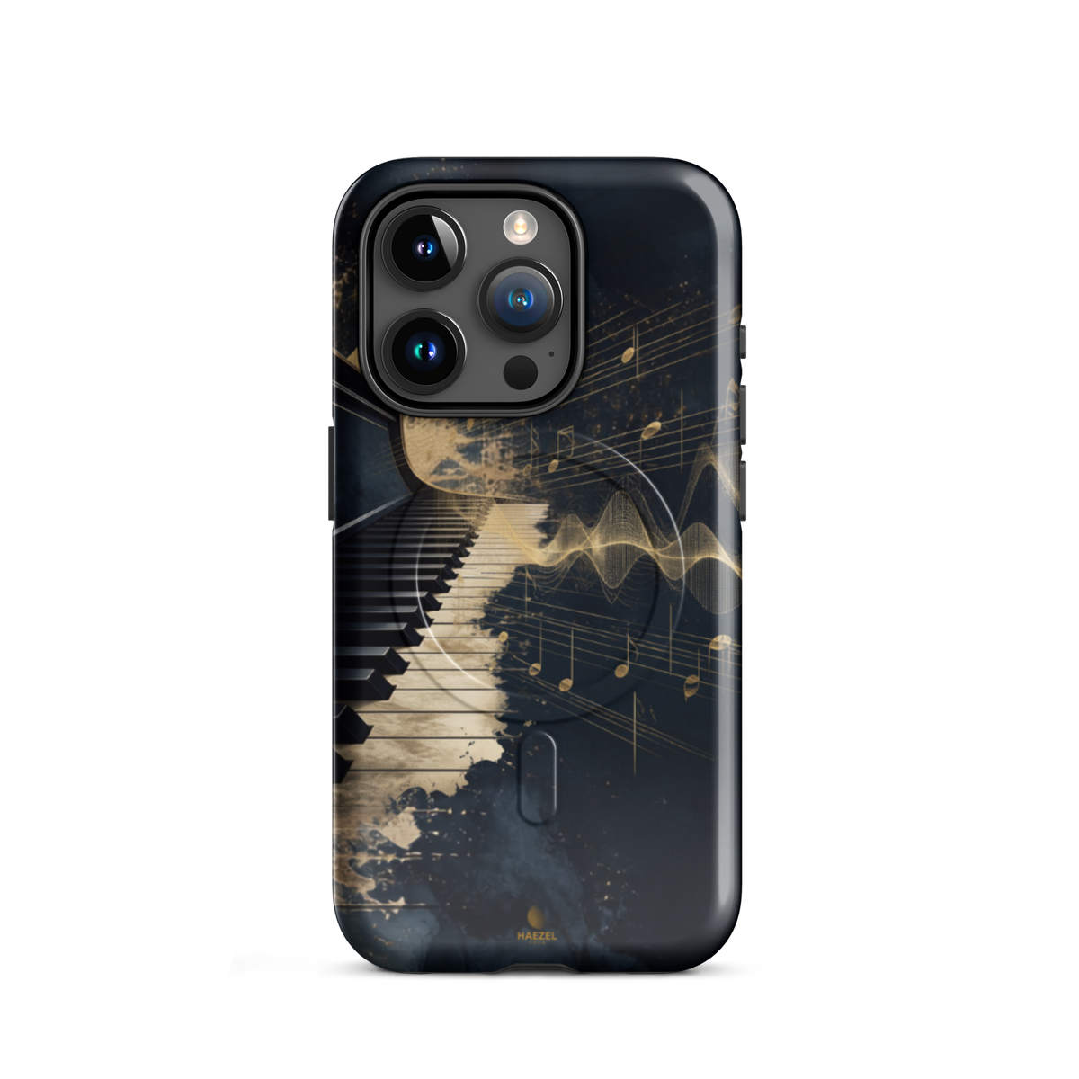 The Nocturne iPhone Case, piano keys and gold music notation on midnight navy. Haezel Tech Rhythm Series, view 7