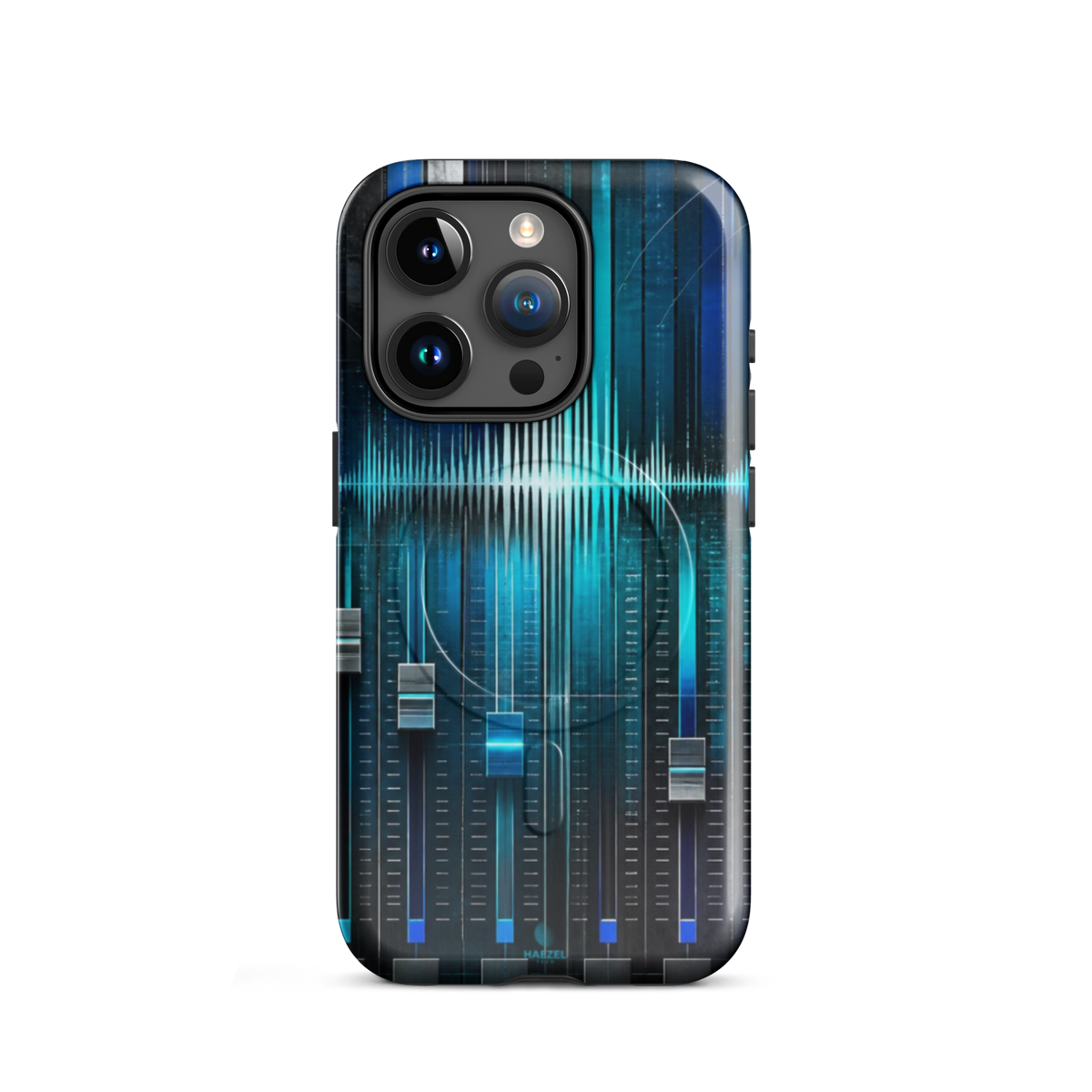 The Mixdown iPhone Case, cyan mixing desk faders and waveform peaks. Haezel Tech Rhythm Series, view 7