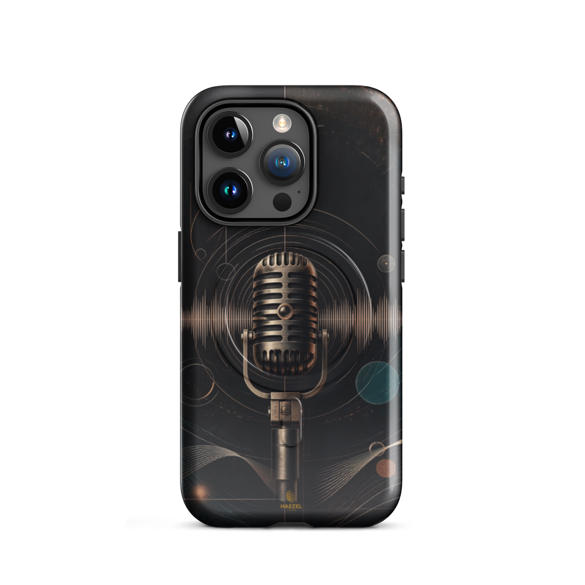 The Broadcast iPhone Case, bronze vintage microphone ringed by soundwaves. Haezel Tech Rhythm Series, view 7