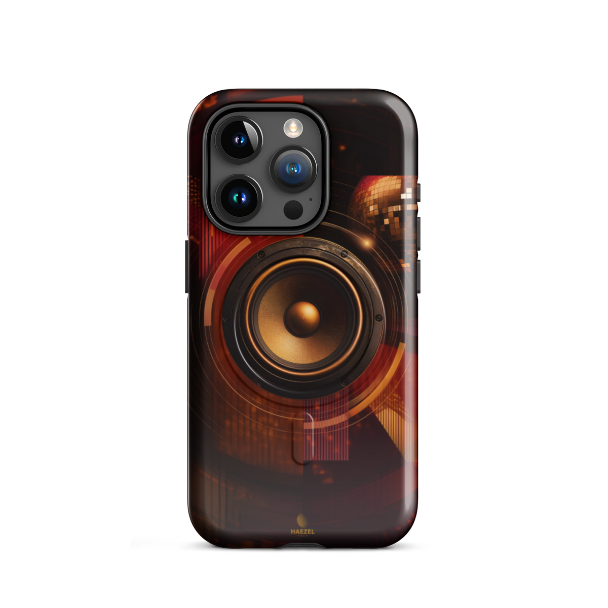 The Bassline iPhone Case, gold speaker cone split across red and black. Haezel Tech Rhythm Series, view 7