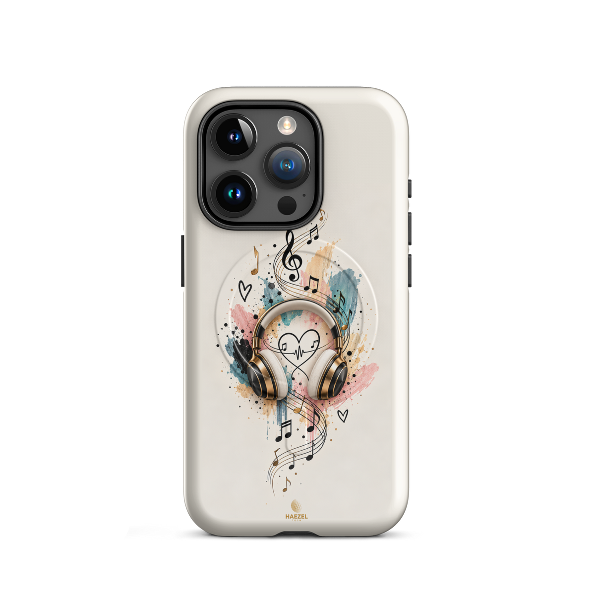 The Serenade Ivory iPhone Case, gold headphones and heartbeat in watercolour on ivory. Haezel Tech Rhythm Series, view 7