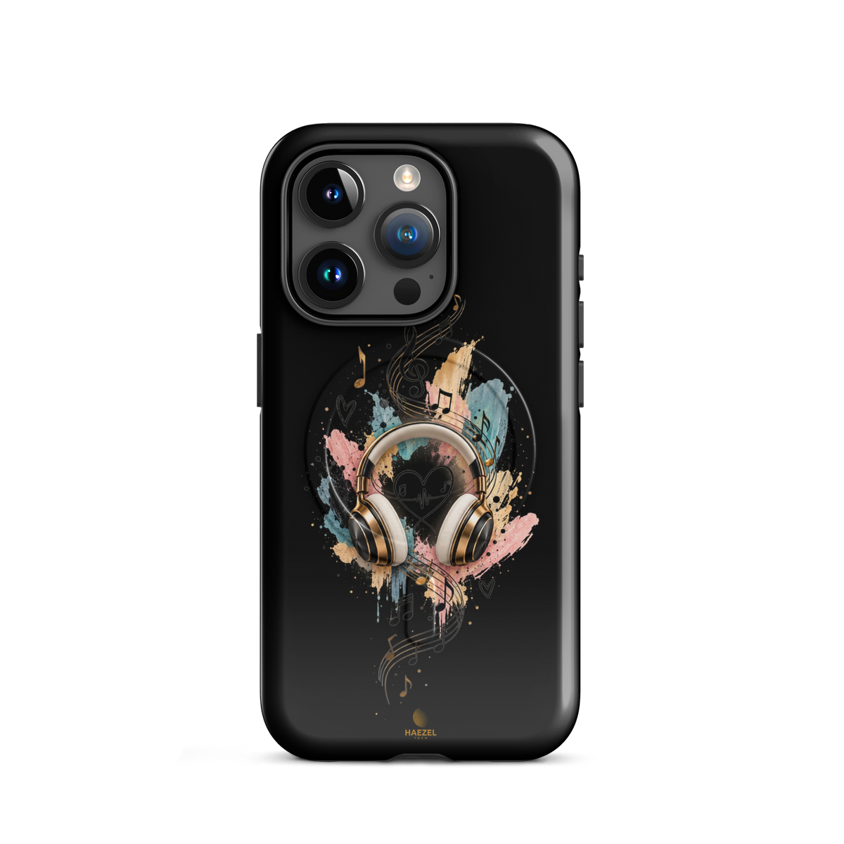 The Serenade Onyx iPhone Case, gold headphones and heartbeat in watercolour on black. Haezel Tech Rhythm Series, view 7