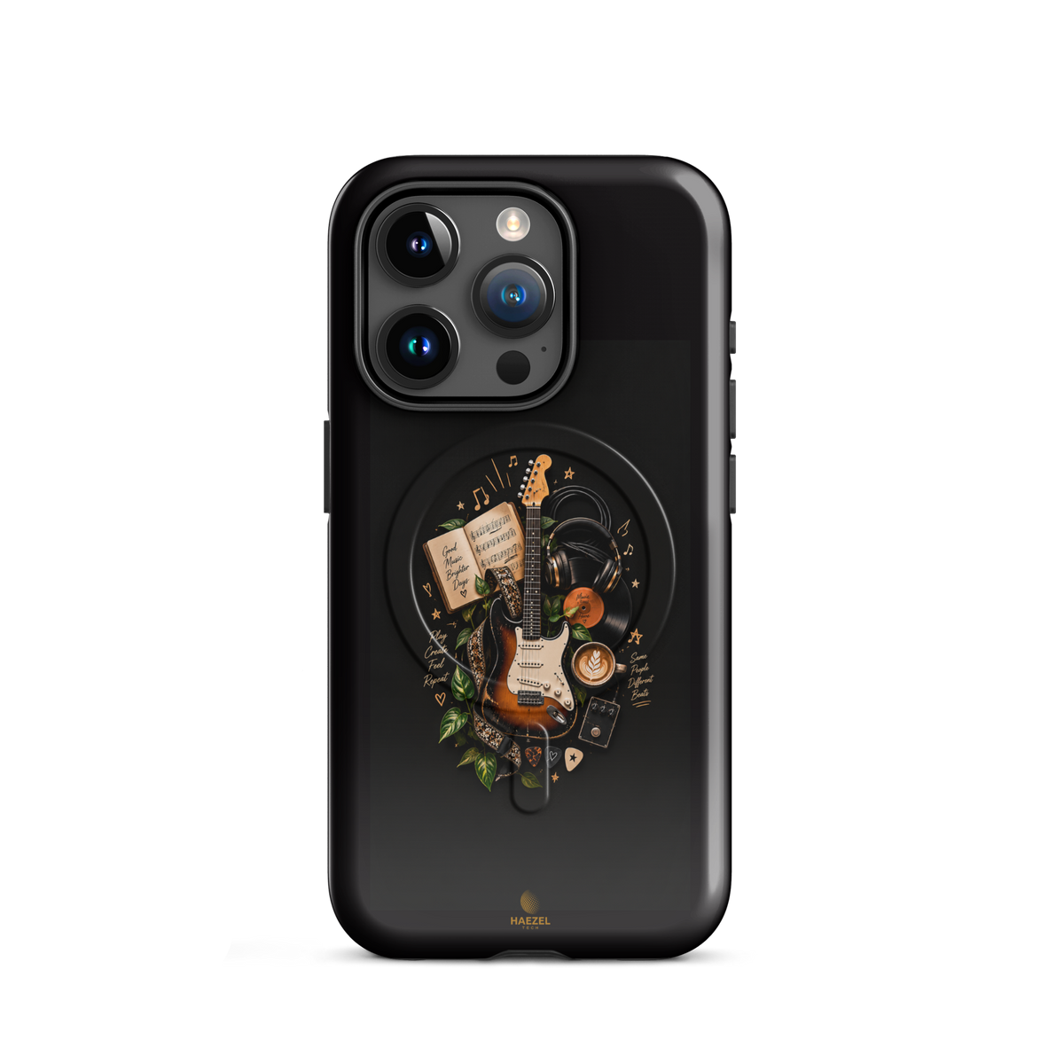 The Songbook iPhone Case, sunburst guitar and open songbook on black. Haezel Tech Rhythm Series, view 7