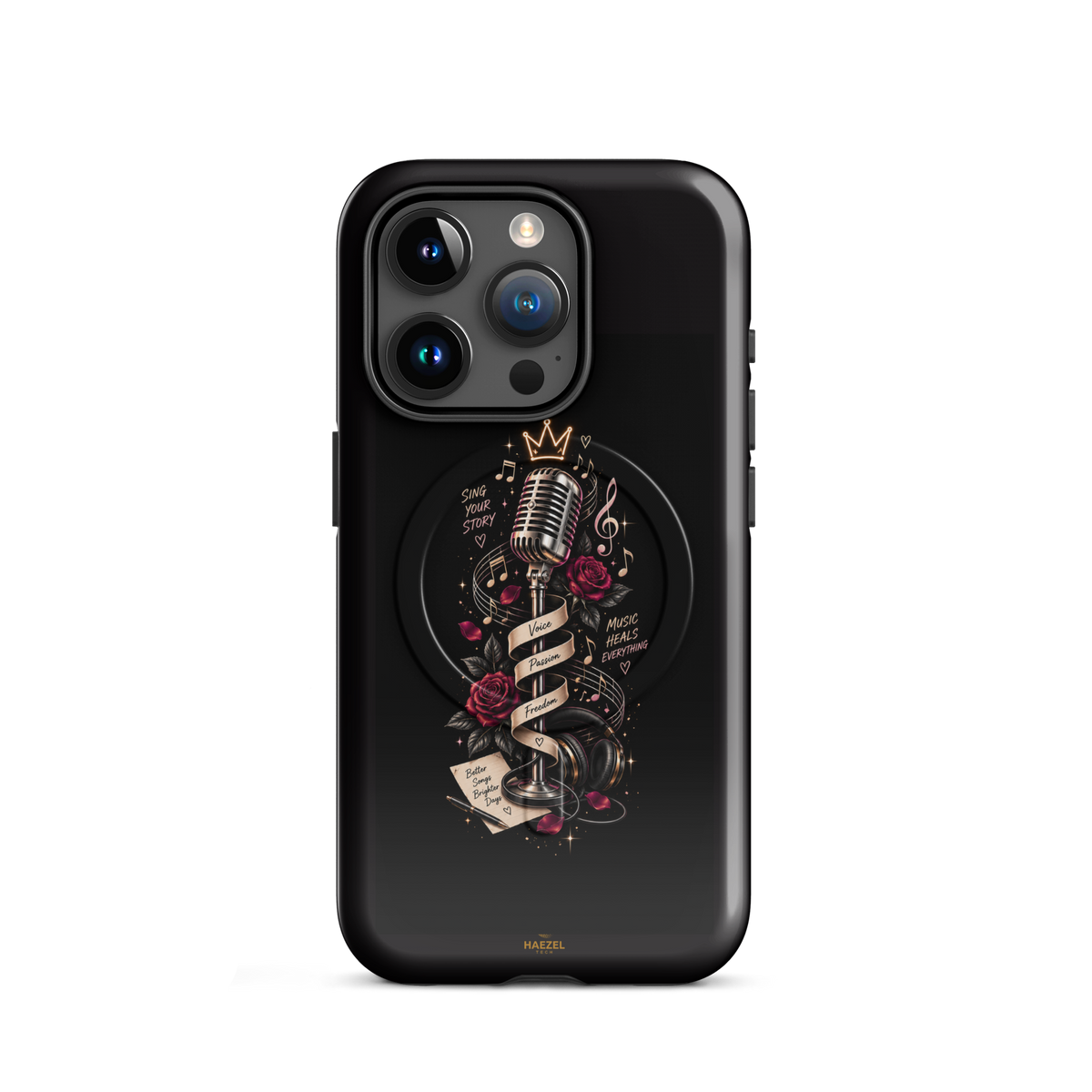 The Showstopper iPhone Case, crowned vintage microphone and red roses on black. Haezel Tech Rhythm Series, view 7