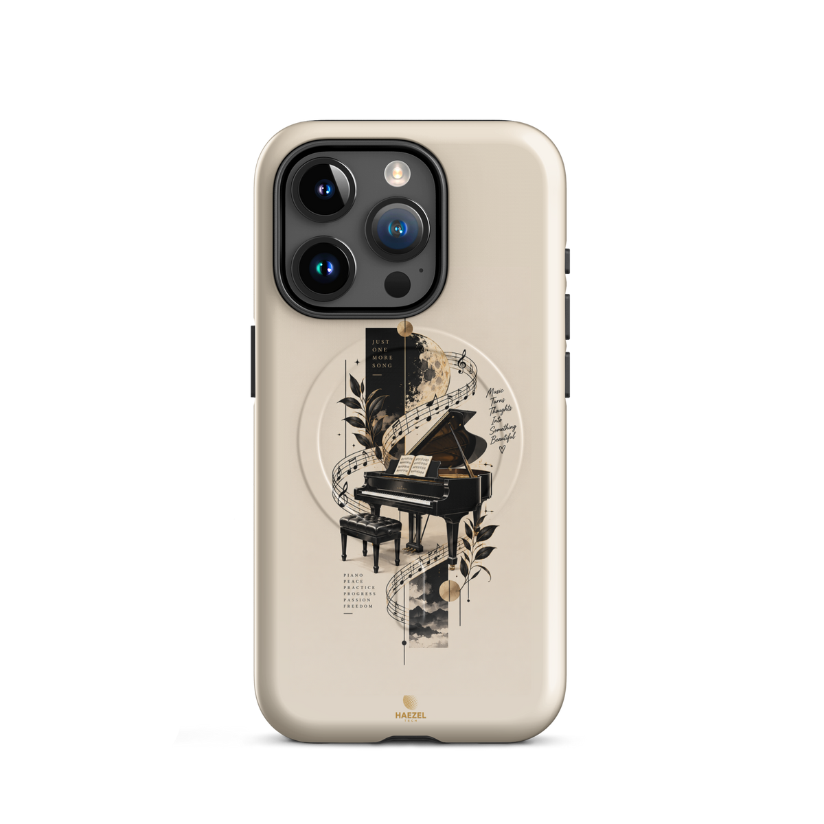 The Recital iPhone Case, grand piano and sheet music under a full moon on ivory. Haezel Tech Rhythm Series, view 7
