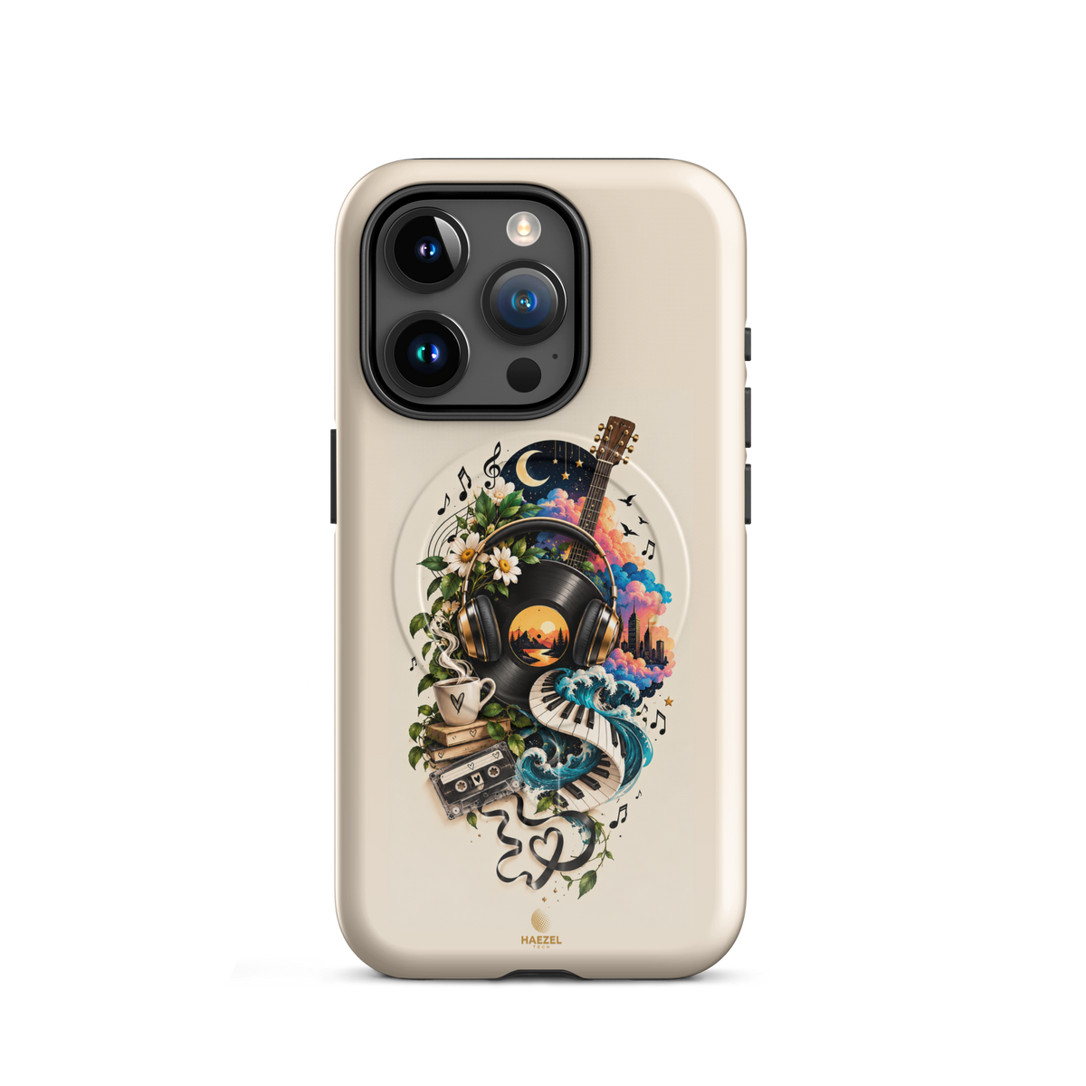 The Playlist iPhone Case, vinyl, headphones, guitar and cassette collage on ivory. Haezel Tech Rhythm Series, view 7