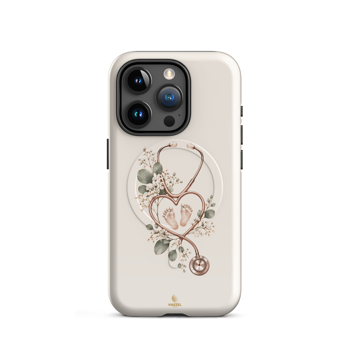 The Midwife Ivory iPhone Case, stethoscope heart with tiny baby feet on ivory. Haezel Tech Healer Series, view 7