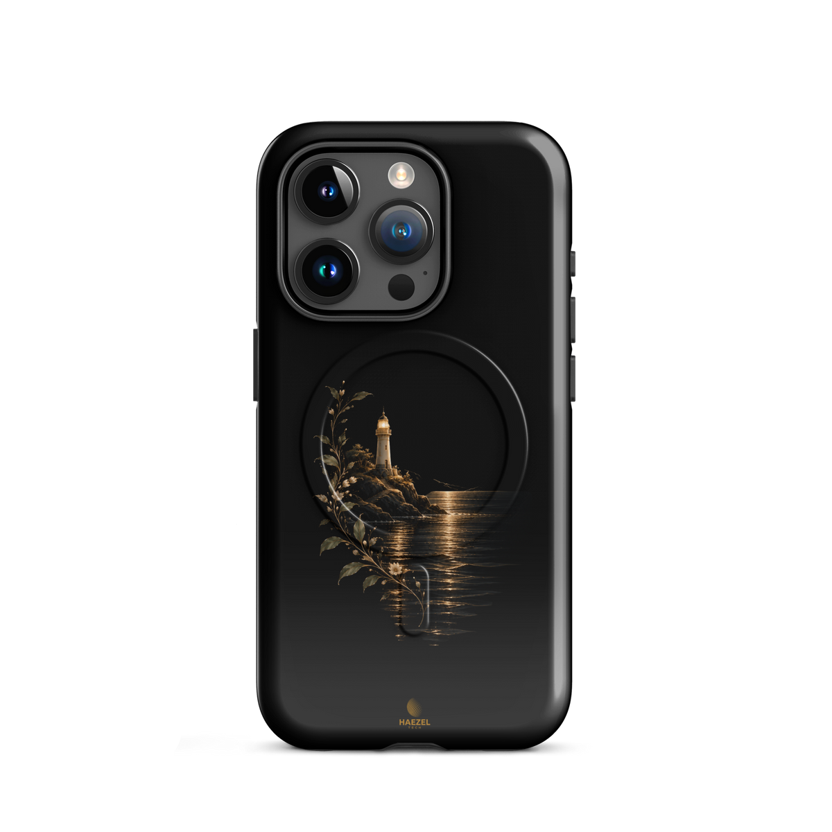 The Lighthouse iPhone Case, lighthouse glowing over still water with gold flowers on black. Haezel Tech Healer Series, view 7