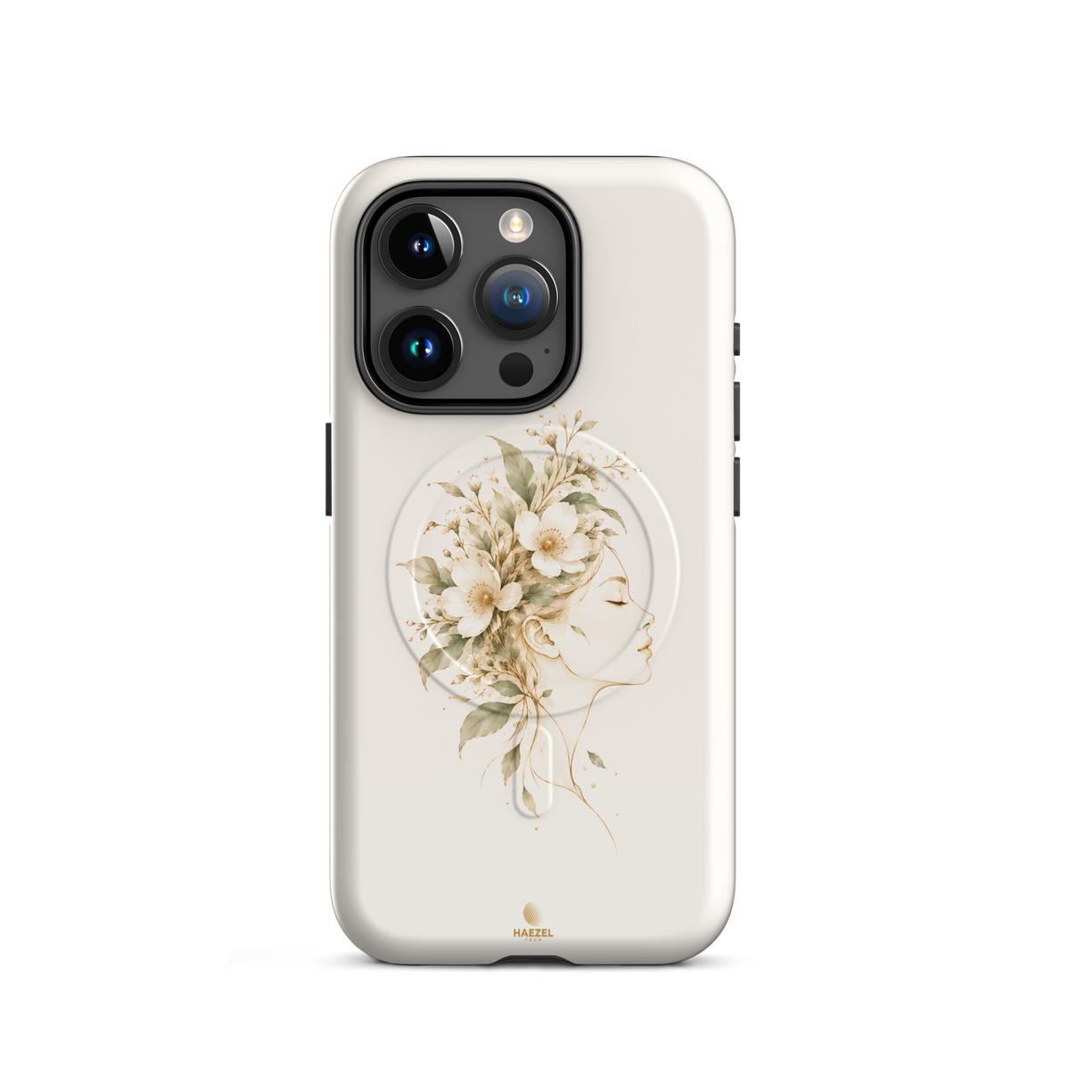 The Blooming Mind Ivory iPhone Case, woman's profile with flowers blooming from her mind on ivory. Haezel Tech Healer Series, view 7