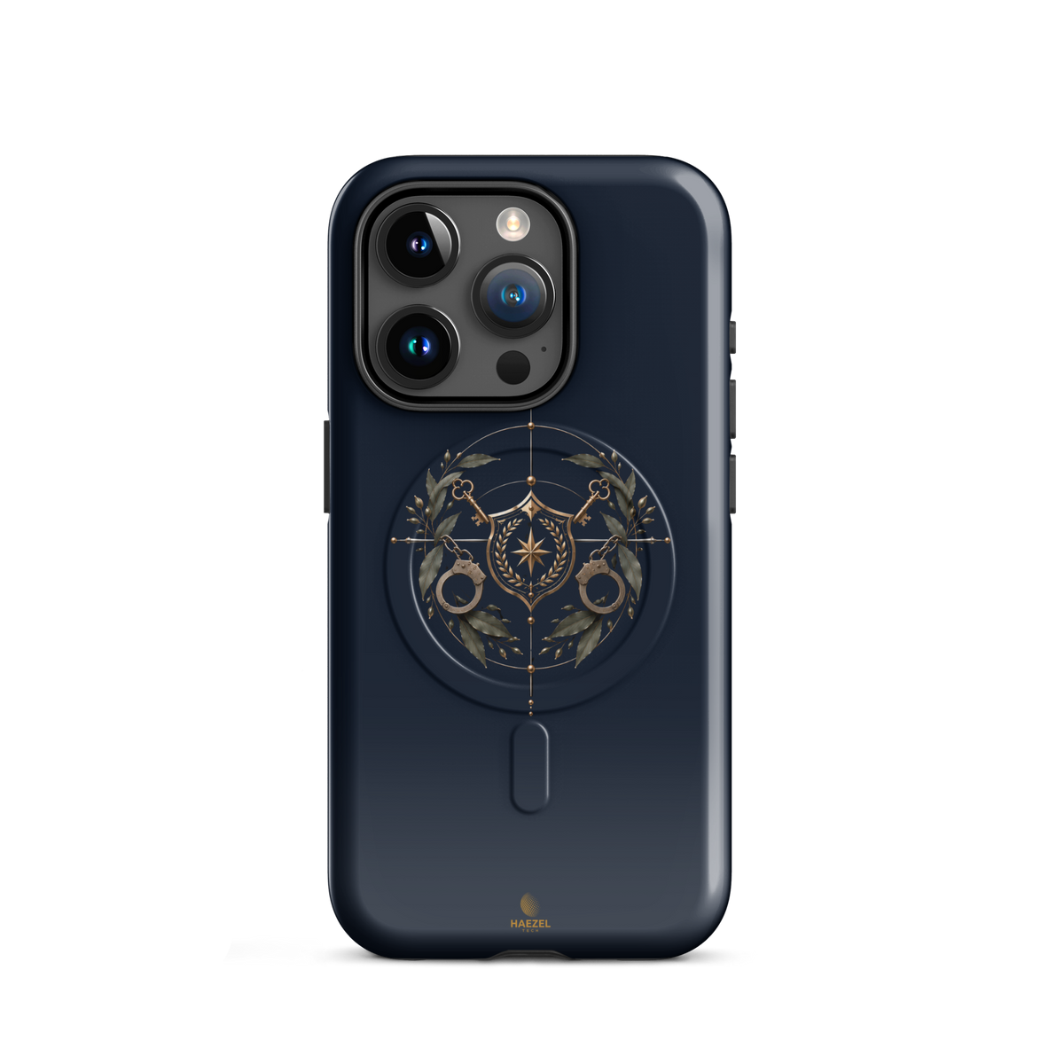 The Watch iPhone Case, gold shield with crossed keys and laurel wreath on navy. Haezel Tech Guardian Series, view 7