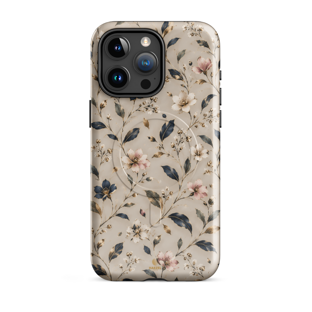 The Blossom iPhone Case by Haezel Tech — delicate pink and white blossom on ivory with navy leaves