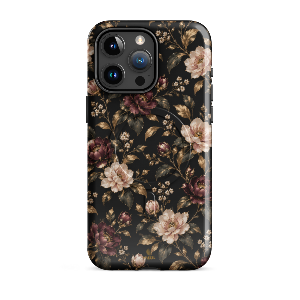 The Rosewood iPhone Case by Haezel Tech — dusky rose and burgundy florals with gold leaves on black
