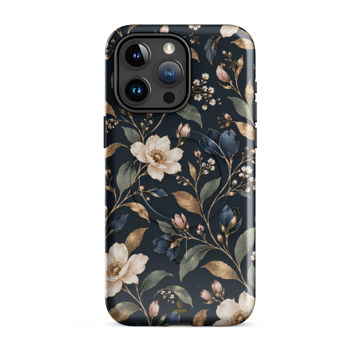 The Camellia iPhone Case by Haezel Tech — ivory camellias and gold leaves on deep navy