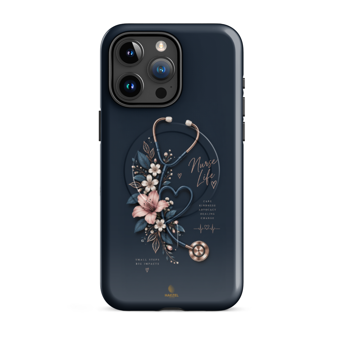 The Pledge iPhone case - rose-gold stethoscope, lilies and heartbeat on navy. Haezel Tech Healer Series.