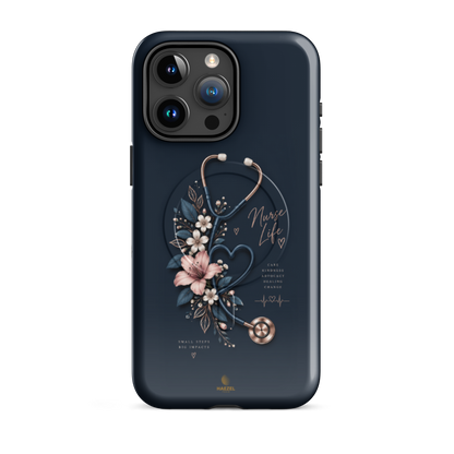 The Pledge iPhone Case, rose-gold stethoscope and lilies on navy. Haezel Tech Healer Series, view 8