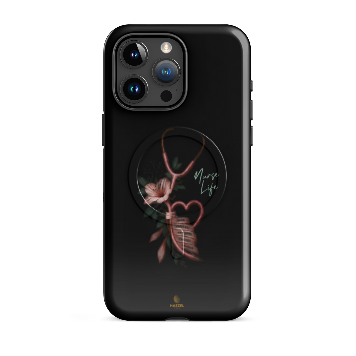 The Devotion Onyx iPhone case - rose stethoscope heart and lilies on black. Haezel Tech Healer Series.